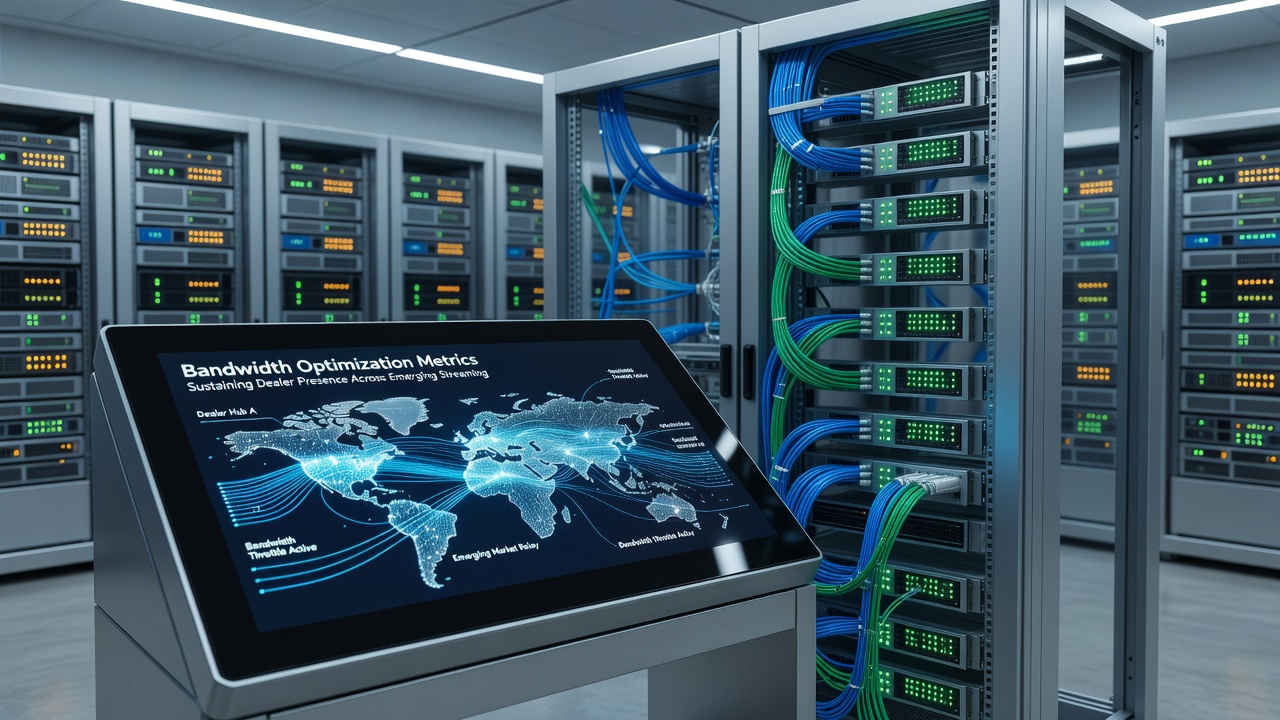 Close-up view of server rack managing multiple concurrent live dealer streams with overlaid bandwidth usage metrics